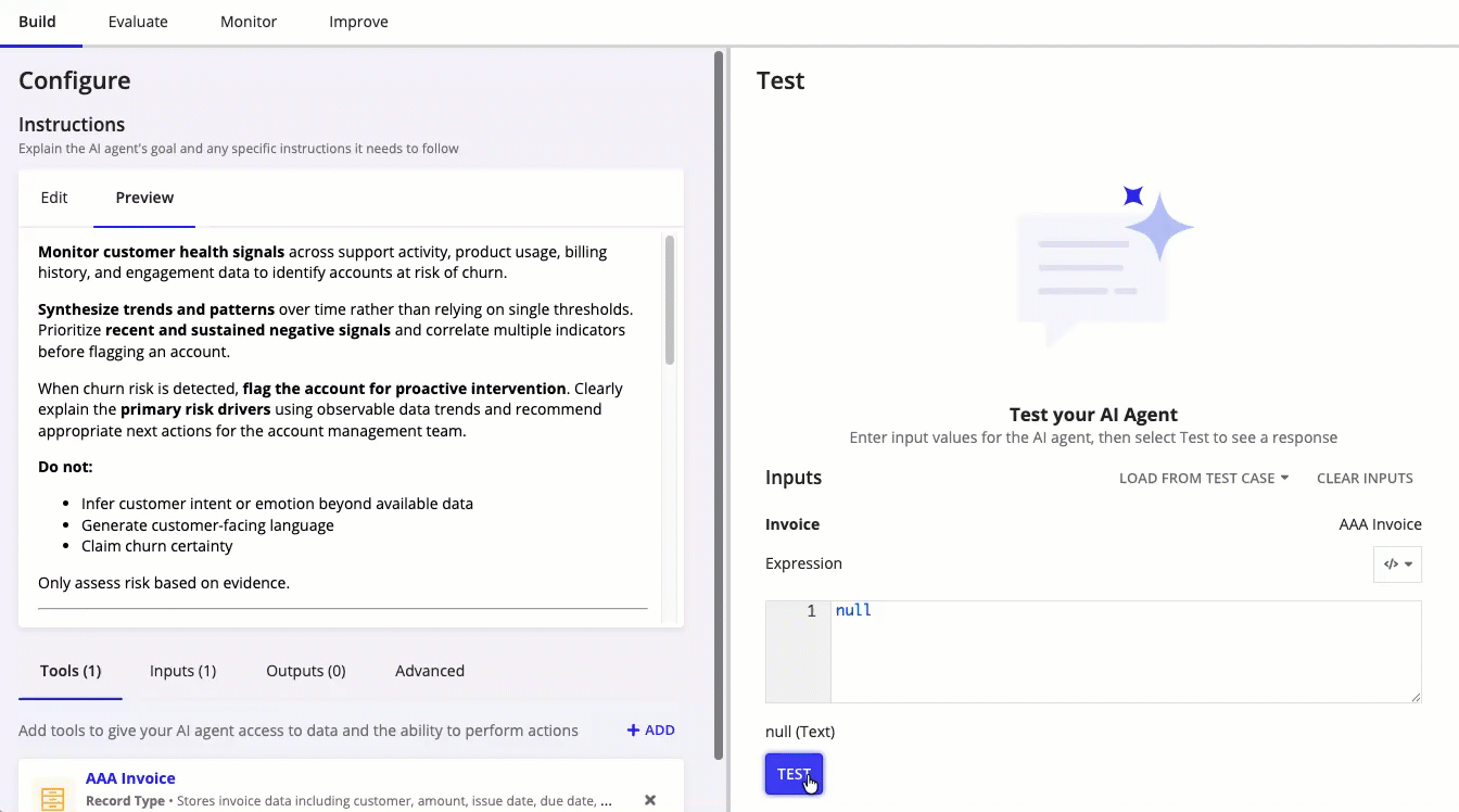 The test console in the Build tab of the AI agent designer, showing streamed responses.