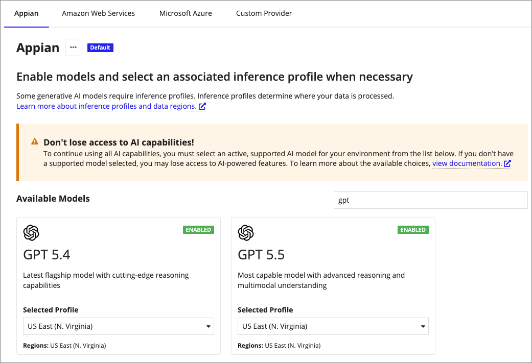 The model selection interface showing GPT 5.4 and 5.5 as available options when Appian is chosen as the cloud provider.