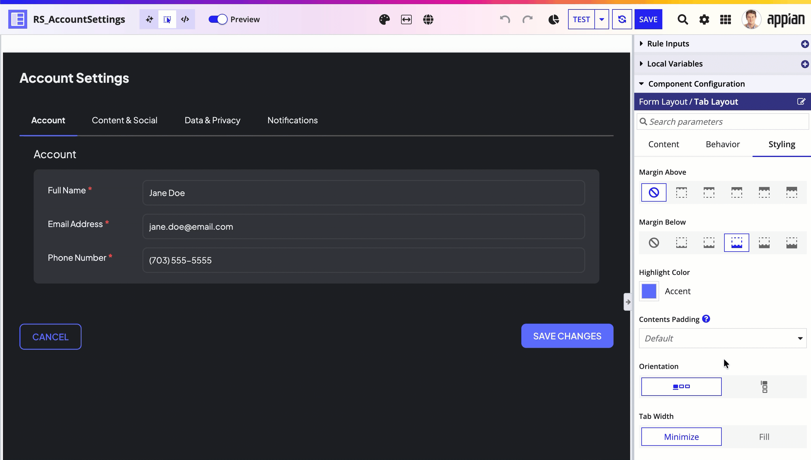 A tab layout with vertical orientation for building secondary navigation in interfaces.