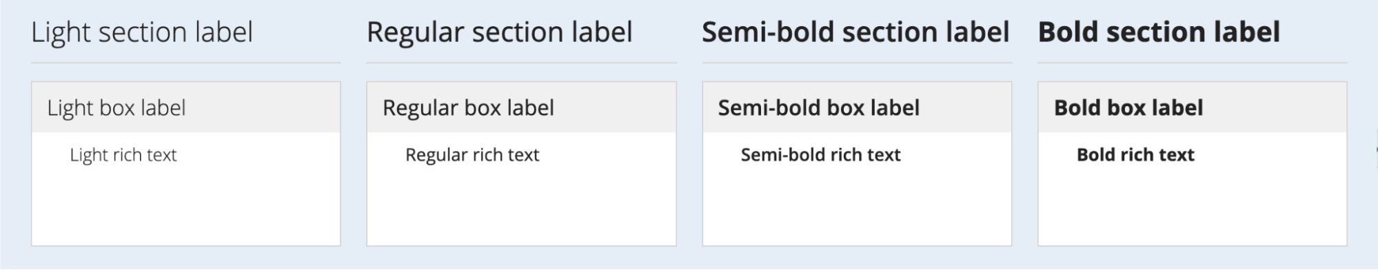 Section layout component demonstrating new font weight options including light and semi-bold.