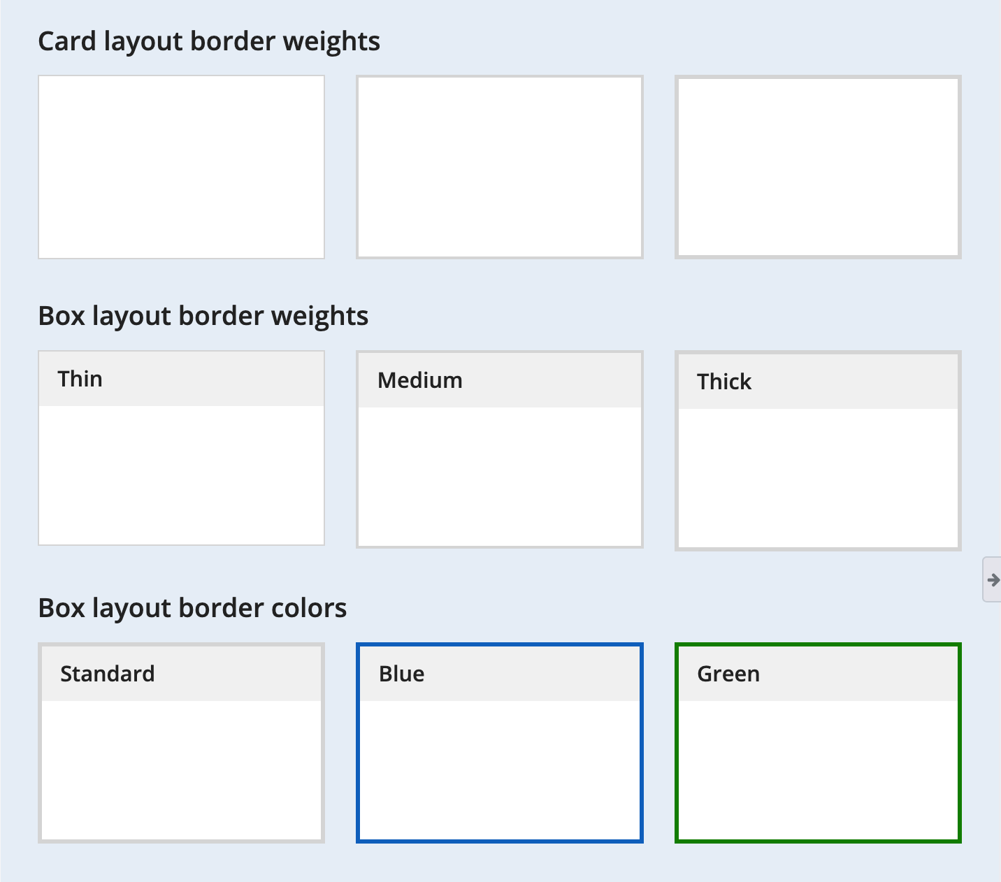 Box and card layouts showing the adjustable border thickness and configurable border color options.