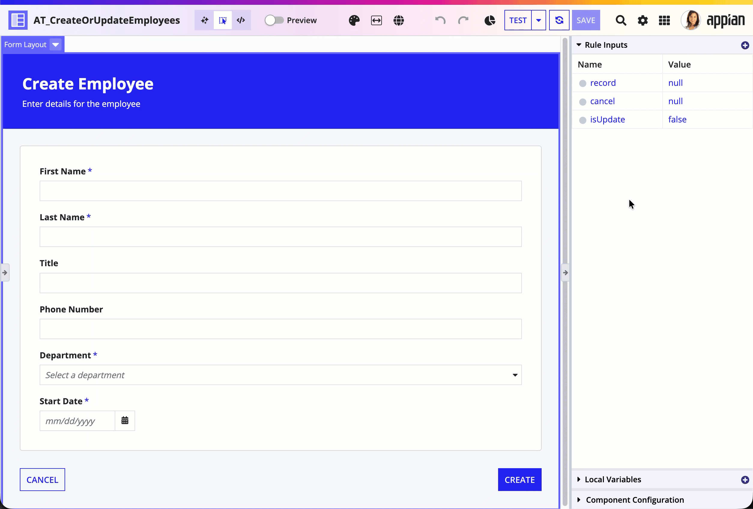 The interface testing workflow showing how to save test values as a new or existing test scenario directly from the rule inputs pane.