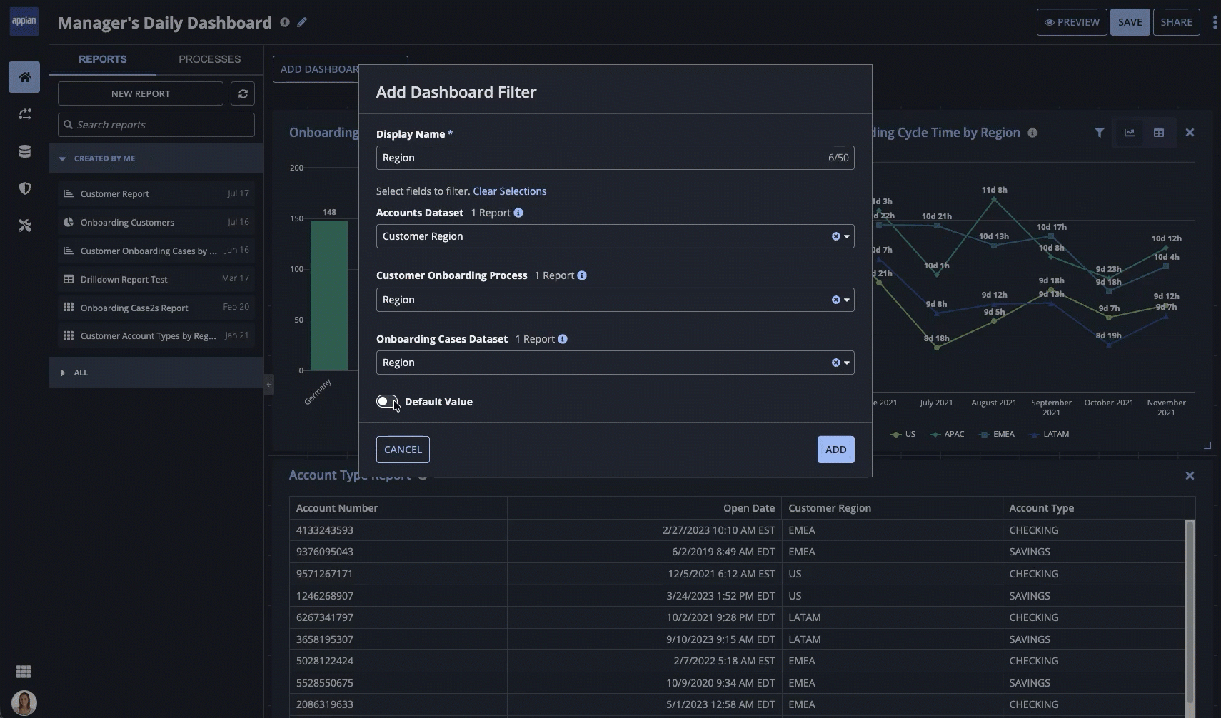 Adding dashboard filters to a  Process HQ dashboard.