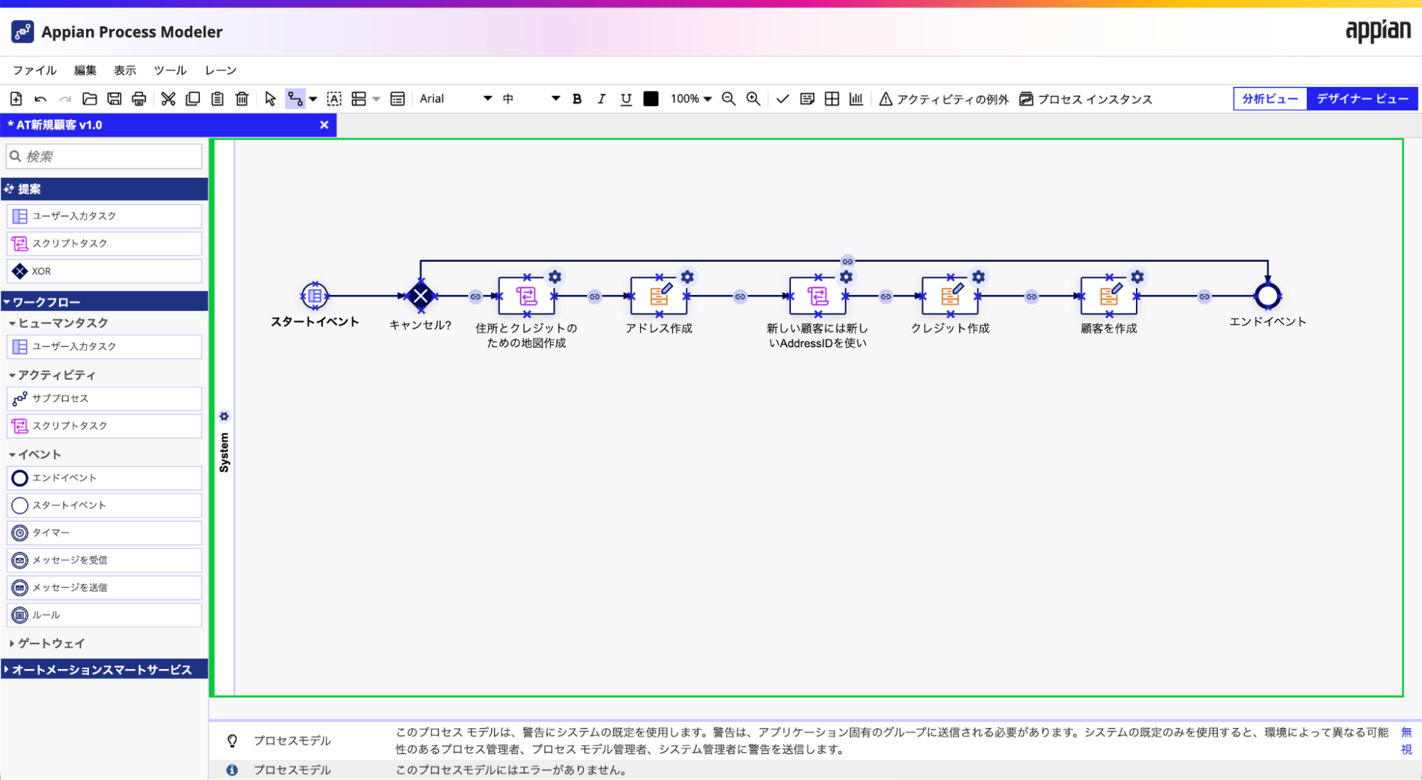 The process modeler displaying labels and UI elements in Japanese.