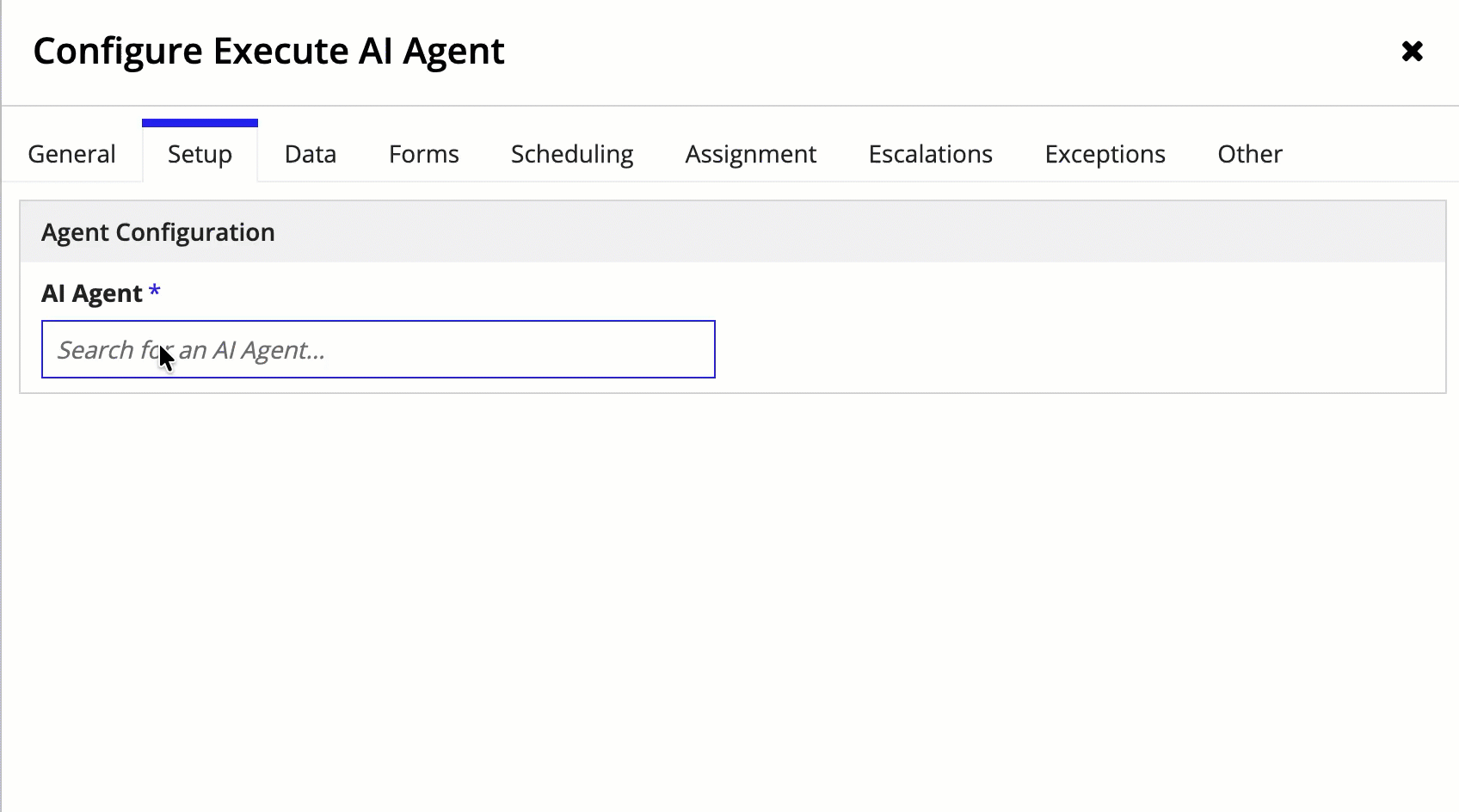 The Setup tab of the Execute AI Agent smart service with an AI agent selected and the node populated with its configured inputs and outputs.