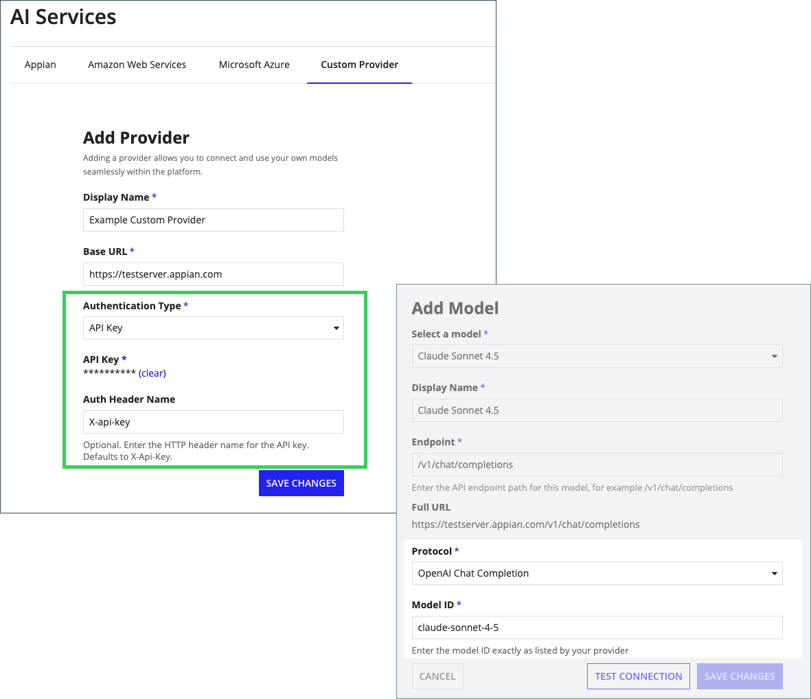 The custom AI provider configuration in the Admin Console with the OpenAI Chat Completion protocol, a custom authentication header, and a model ID for routing traffic through an enterprise AI gateway.