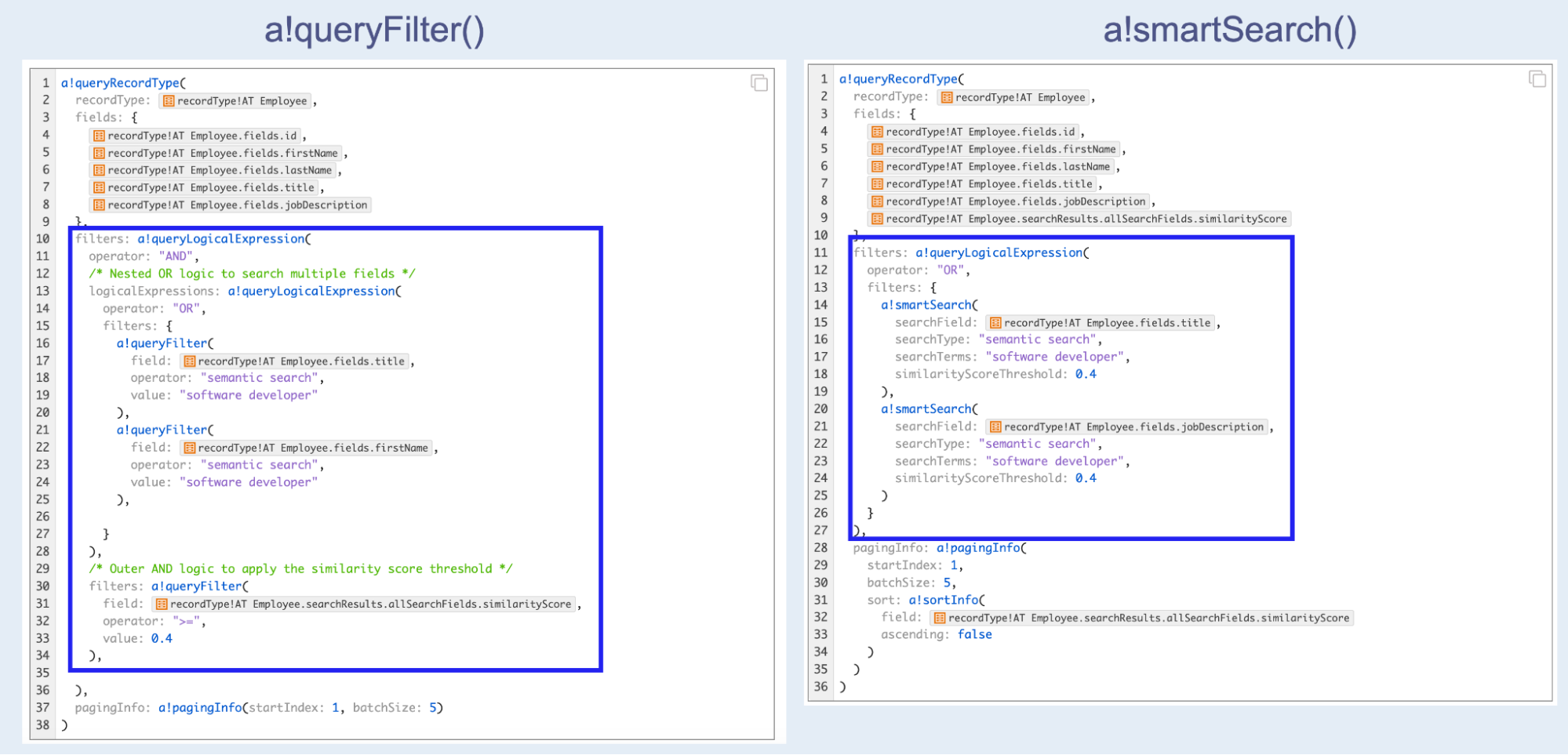 The a!smartSearch() function limiting a search to a precise subset of records by passing record identifiers.