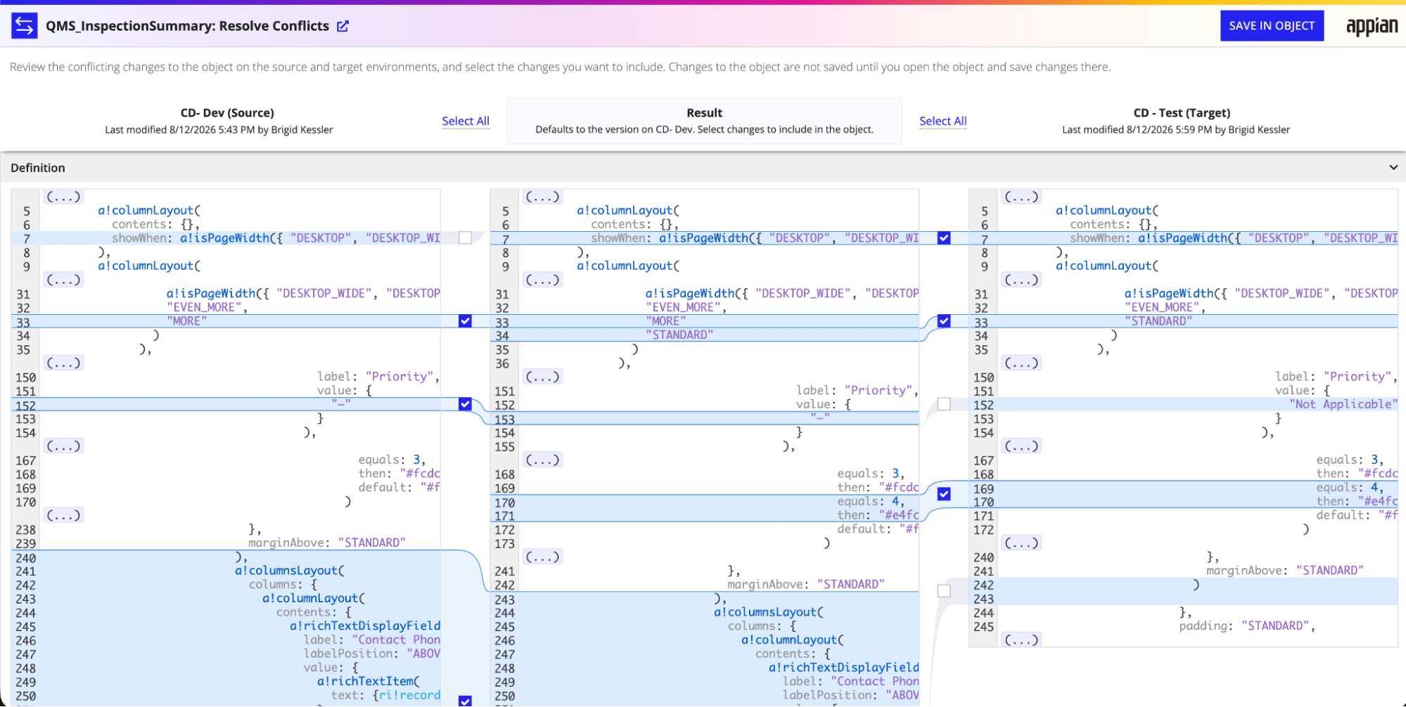 The three-pane conflict resolution view in Compare and Deploy showing source and target values side by side with the resulting object for interfaces and expression rules.