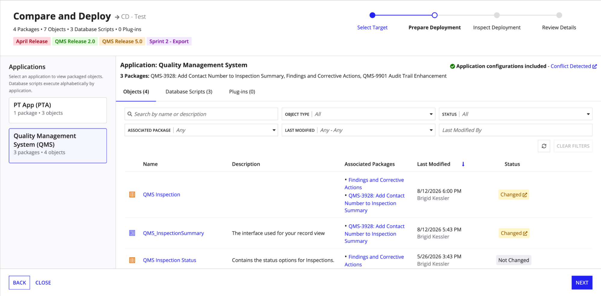 The Prepare Deployment step of Compare and Deploy showing release tags for each package in a direct deployment.