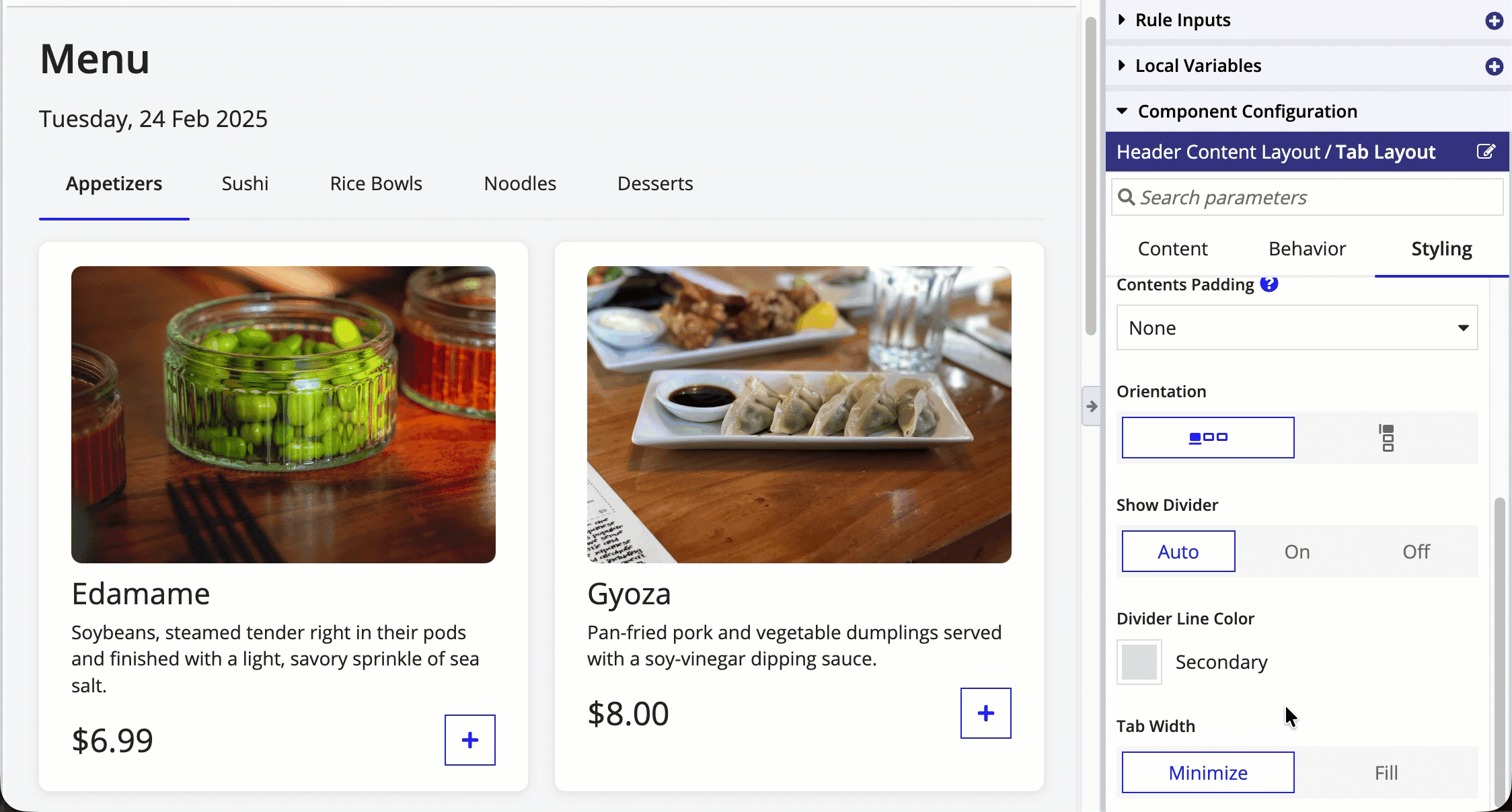 A horizontal tab layout with tabs distributed evenly across the tab bar.