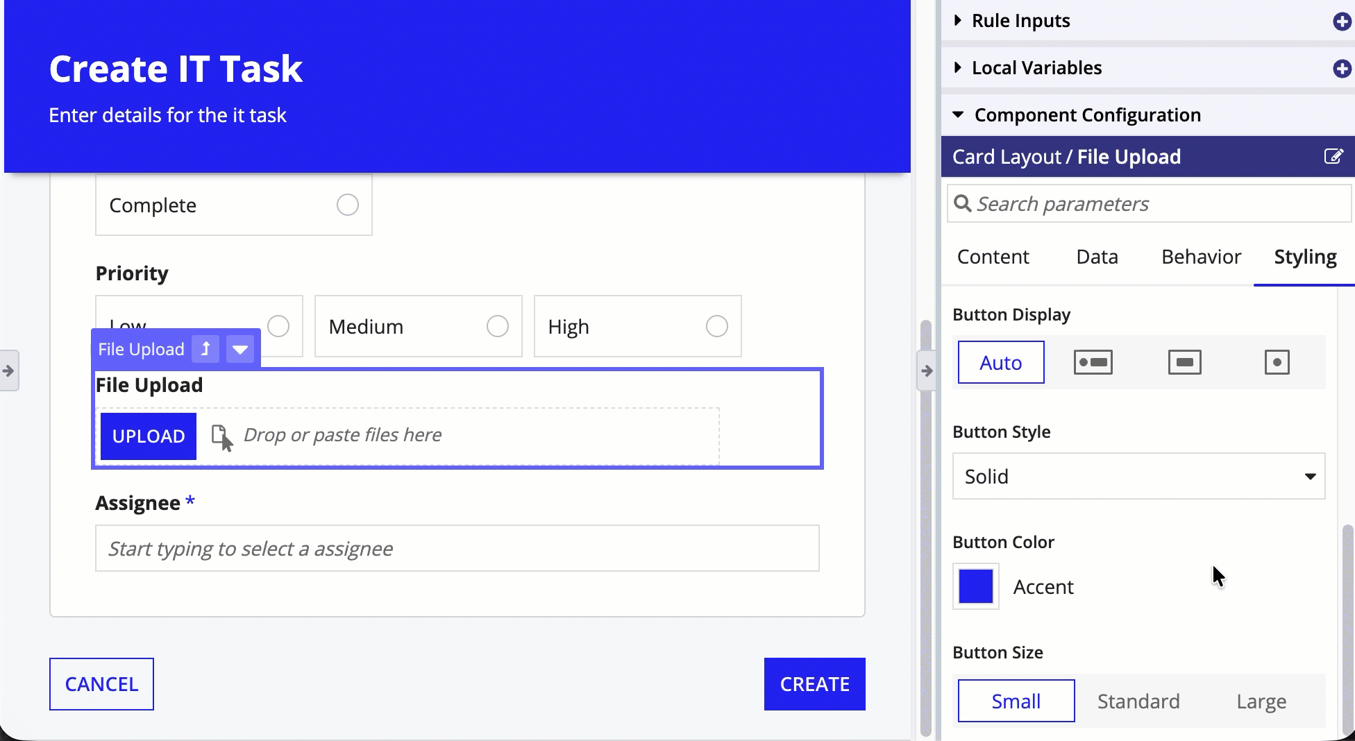 File upload and signature components with button styles such as outline or solid and the button color set separately.