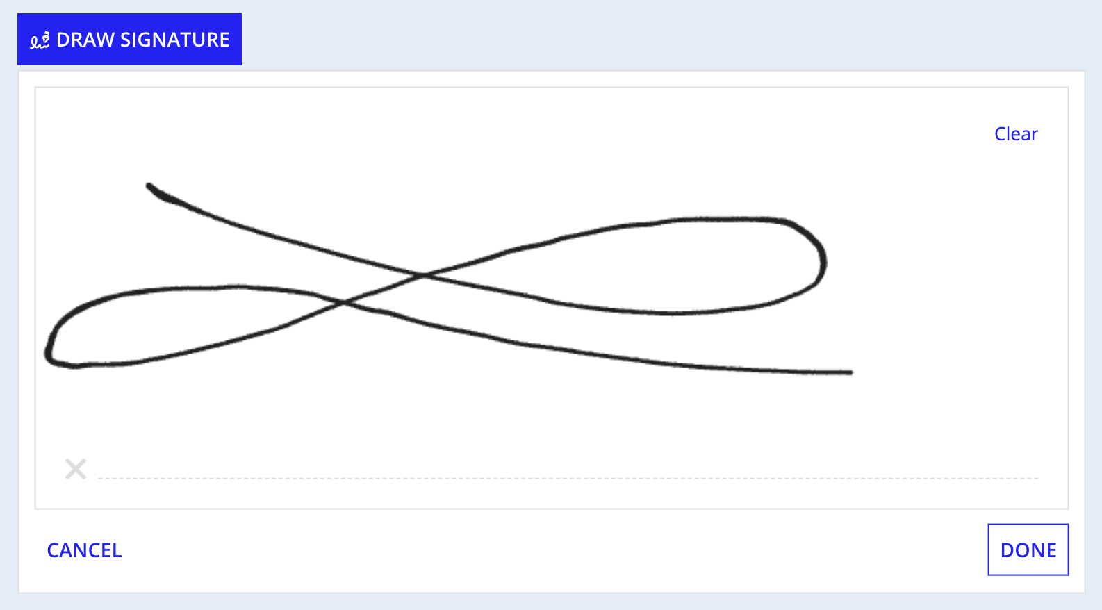 The refreshed signature component with a dashed signature line, extra padding, and a more prominent pen stroke.