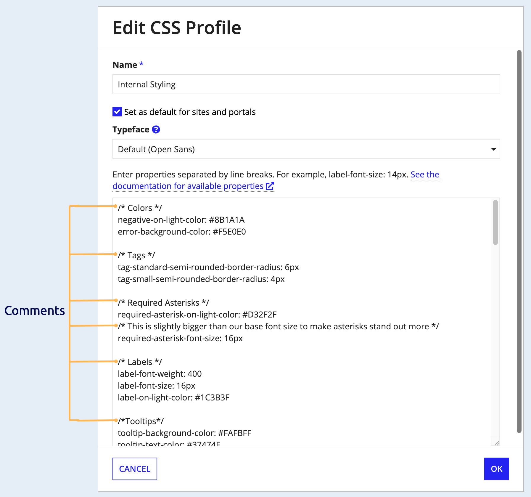 Code comments annotating the list of CSS profile properties in the configuration.