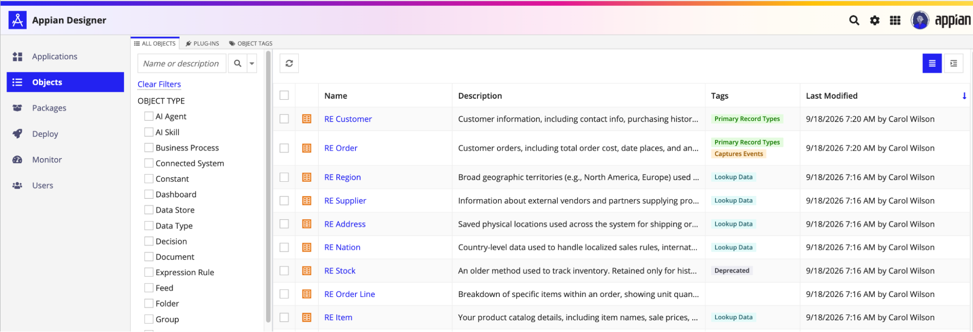 The Objects view in an Appian environment, where the ALL OBJECTS grid shows different tags on the design objects, like Deprecated, Lookup Data, Captures Events, and Primary Record Types
