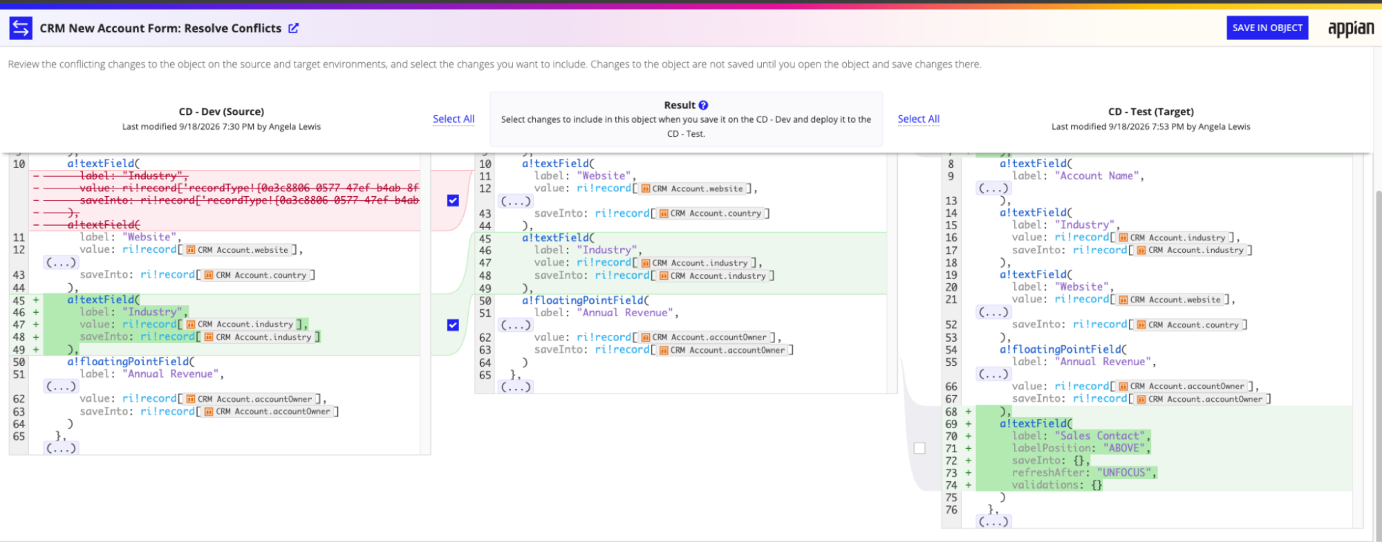 Compare and Deploy screen showing the colored-coded highlights of changes made in different versions of an interface object