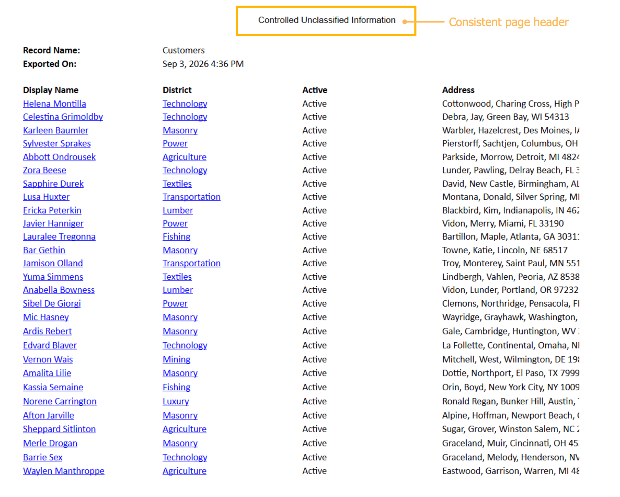 A preview of an Excel document that has a page header called 'Controlled Unclassified Information'