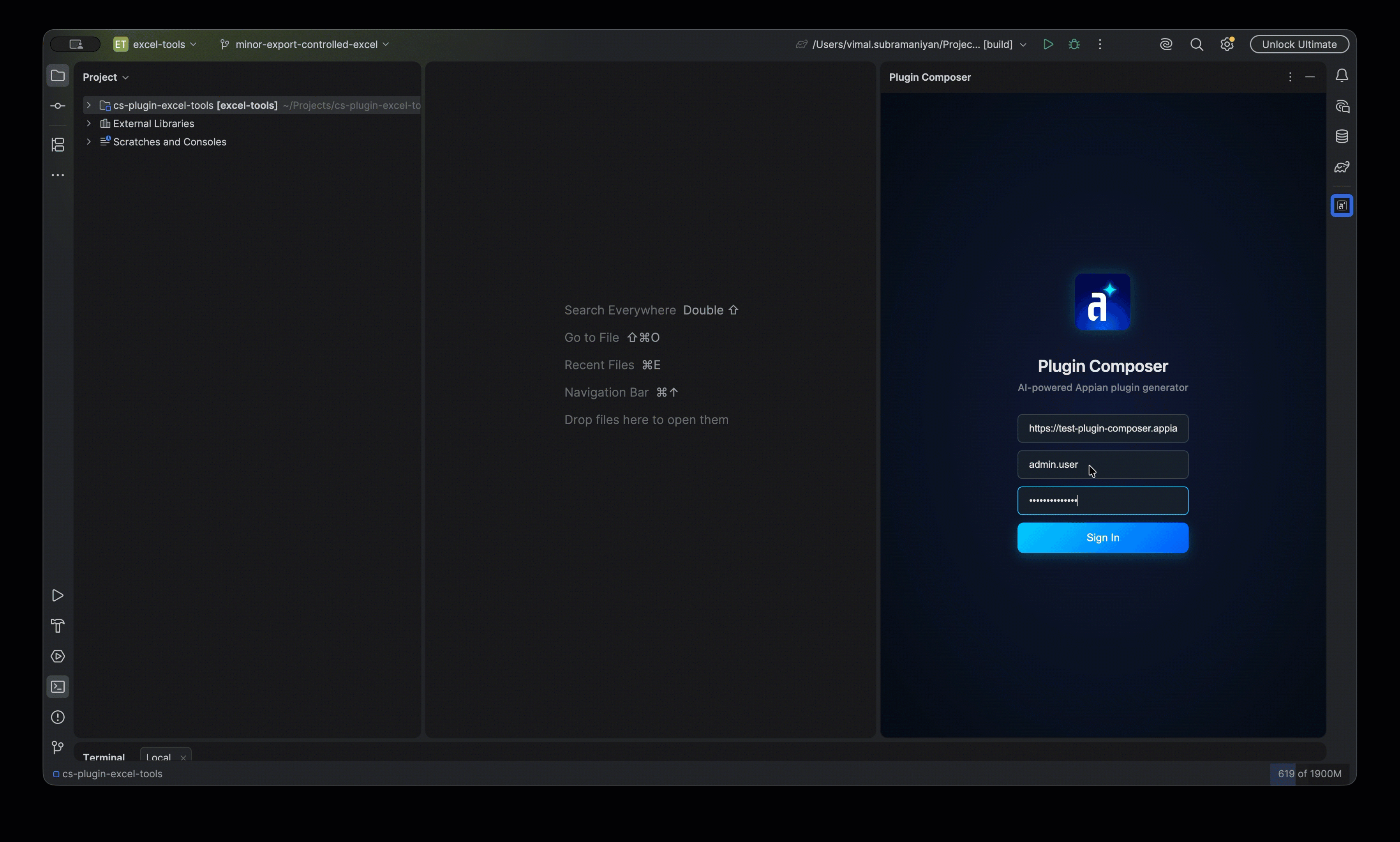 Gif illustrating the workflow to sign in to Plug-In Composer and interact with the chat.