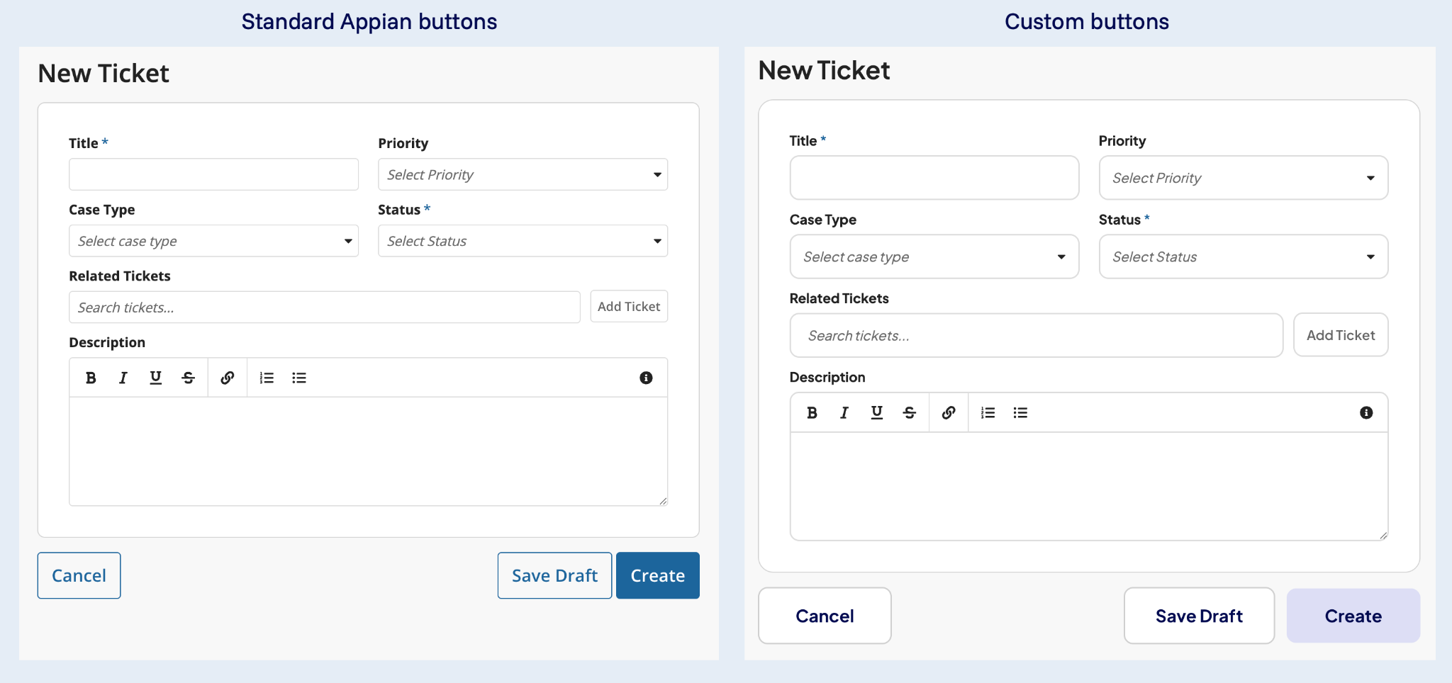 Buttons and cards with customized CSS profile properties including padding, font styling, minimum width, border width, and border radius.