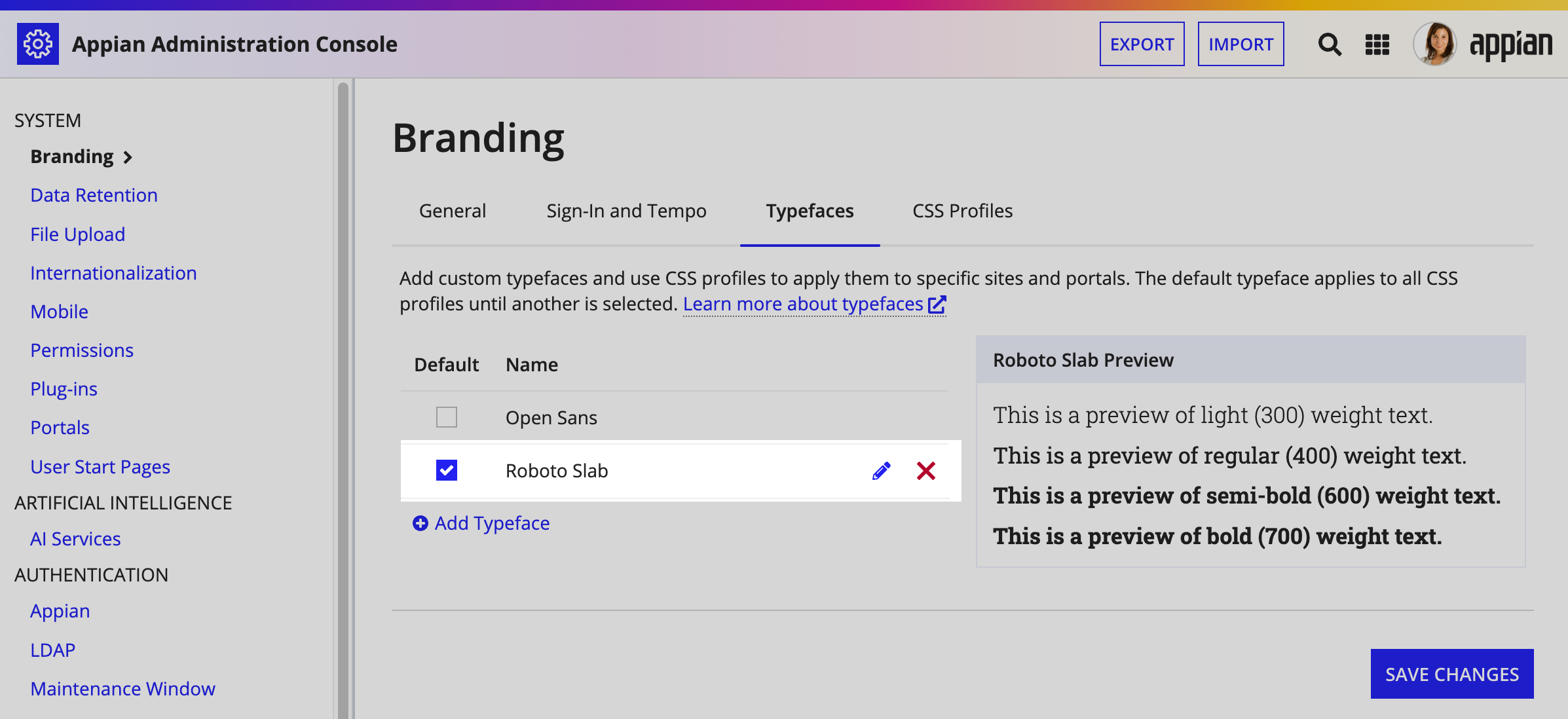 screenshot of the sites typeface page with Roboto Slab as the active typeface and shown in the preview