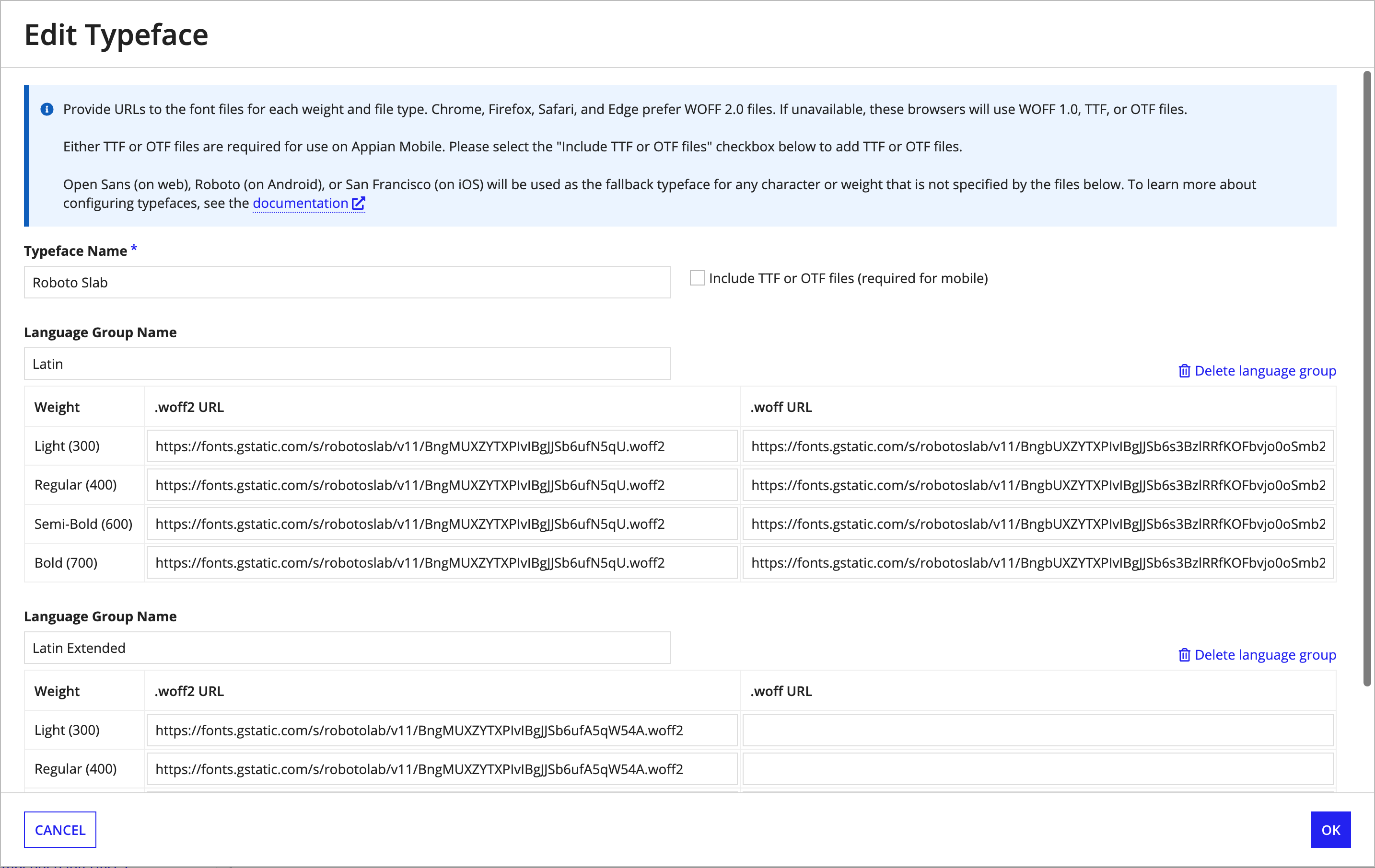 screenshot of the typefaces weights grid with all the present URLS for Roboto Slab