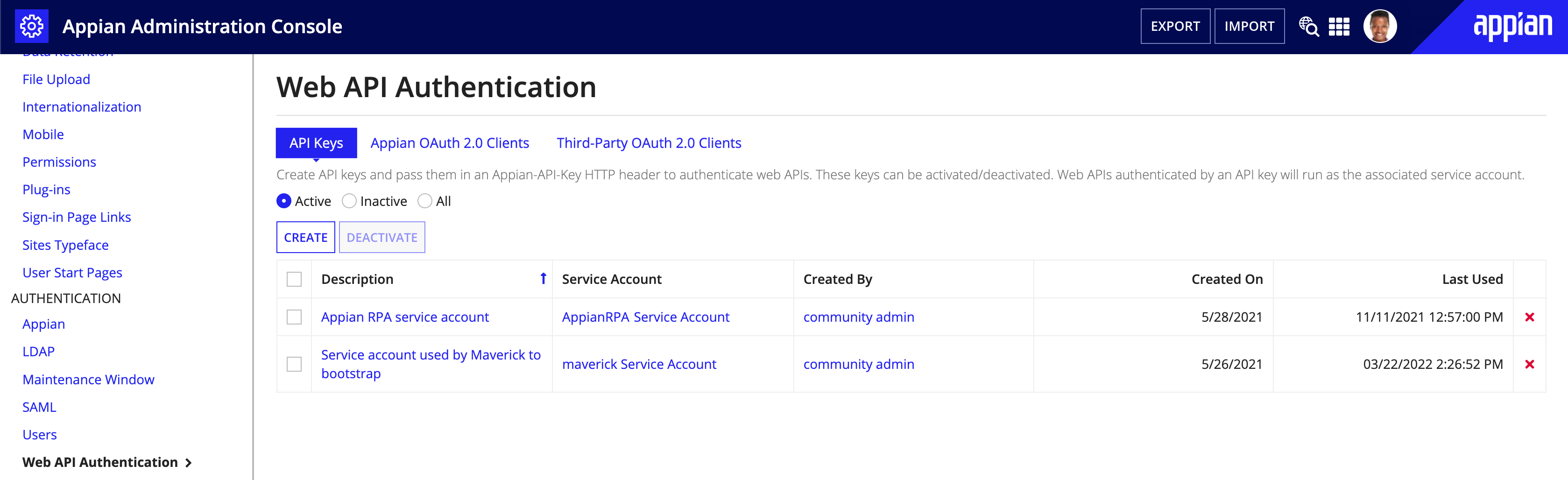 screenshot of the API key page