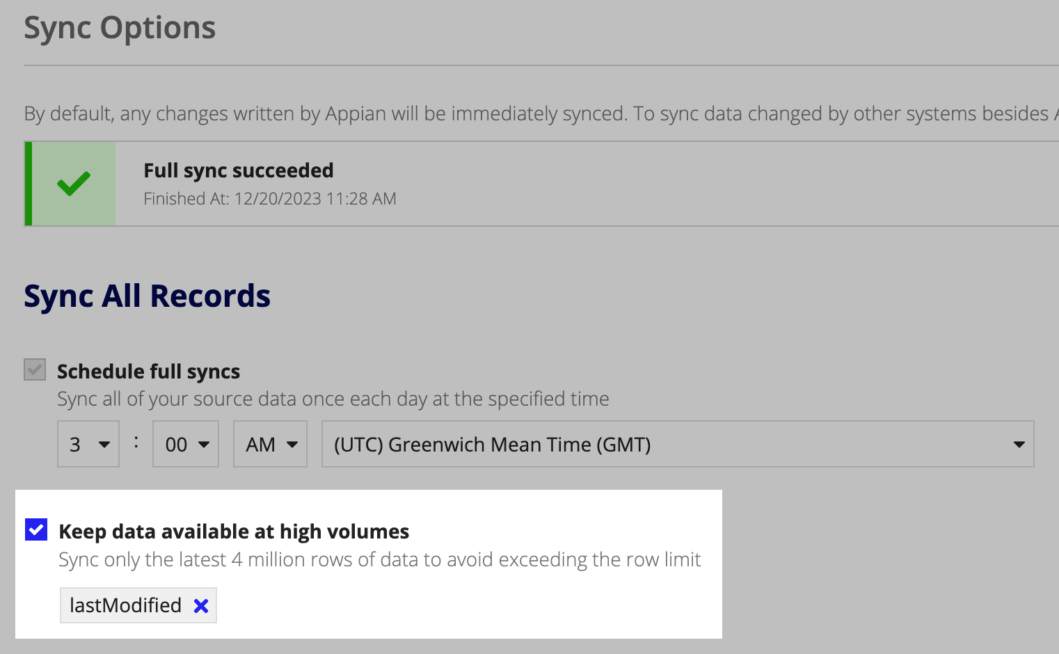 screenshot of the keep record data available at high volumes setting
