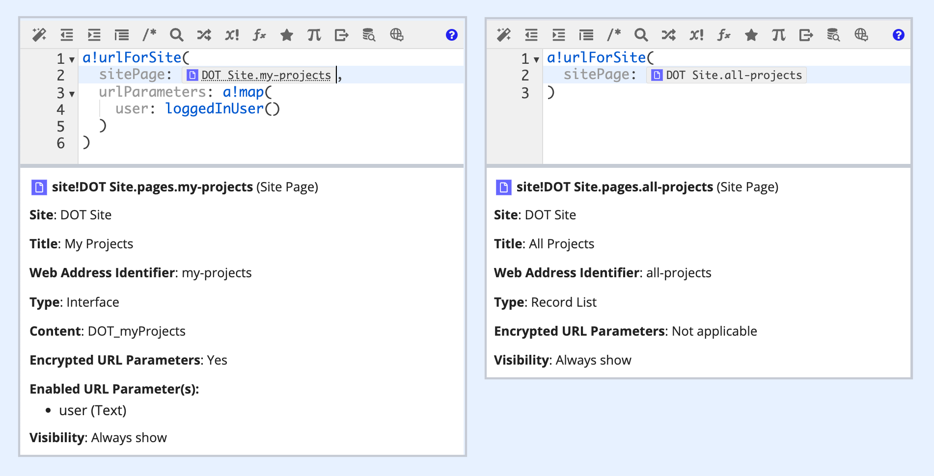 site page information in the expression documentation pane