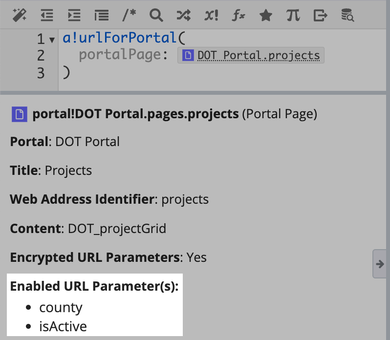 enabled url parameters in the expression documentation pane for a portal